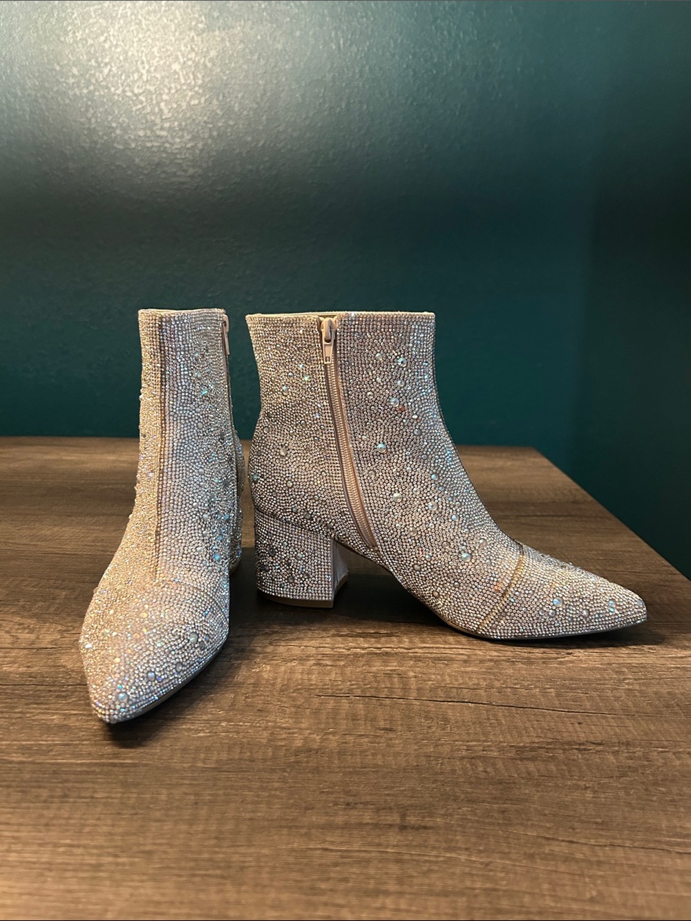 Betsey Johnson Crystal-Embellished Ivory Ankle Booties
